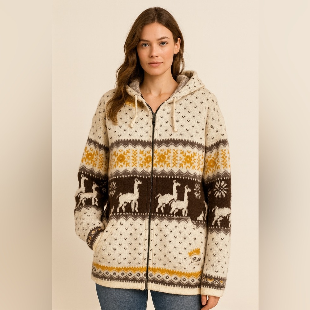 Andes Artesania Alpaca Wool Llama Sweater Hoodie M